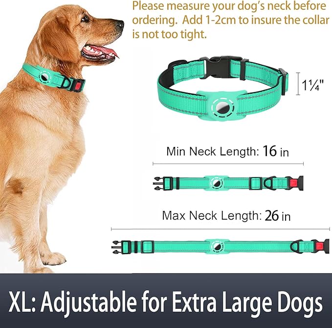 Airtag Dog Collar with AirTag Holder for Large Dogs, Reflective, Soft Padded & Safety Locking Buckle, Nylon Pet Collars Adjustable for All Breeds, Teal,XL