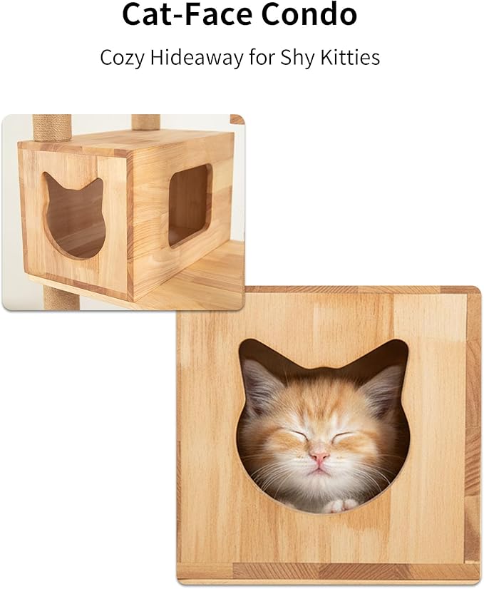 74" Wooden Cat Tree Tower for Large Cats, Multi-Level Cat Climbing Furniture with Scratching Posts, Cat Condo & Hammock, Natural Wood Cat Activity Center(Brown)