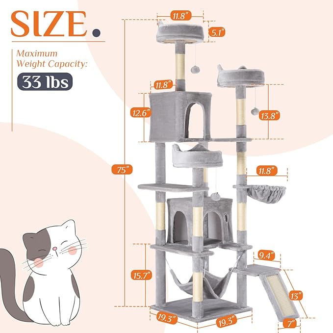 DUMOS Tall Cat Tree 75 Inch, Large Multi-Level Cat Tree Tower with Condo, Perches, Sisal Scratching Posts Board and Hammock, Pet Play House with Dangling Balls for Indoor Cats, Light Grey