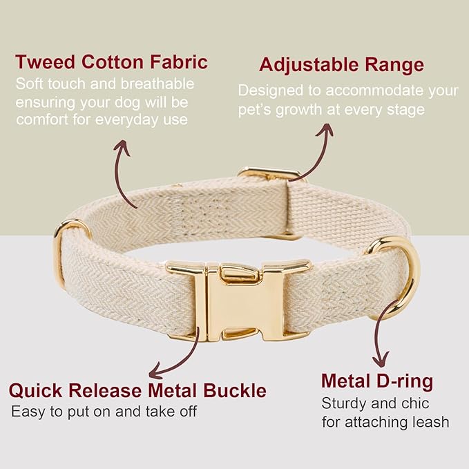 Soft Cotton Hemp Dog Collar with Metal Buckle Adjustable Tweed Dog Collars for Small Medium Large Dogs(Beige,Medium)