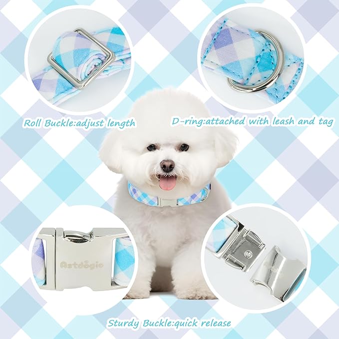 Cotton Collar for Dog，Soft Adjustable Dog Collars for Large Dogs, Cute Dog Collar with Blue & White Plaid for Small Medium Large Dogs, Perfect for Girl or Boy Dog Collars-L