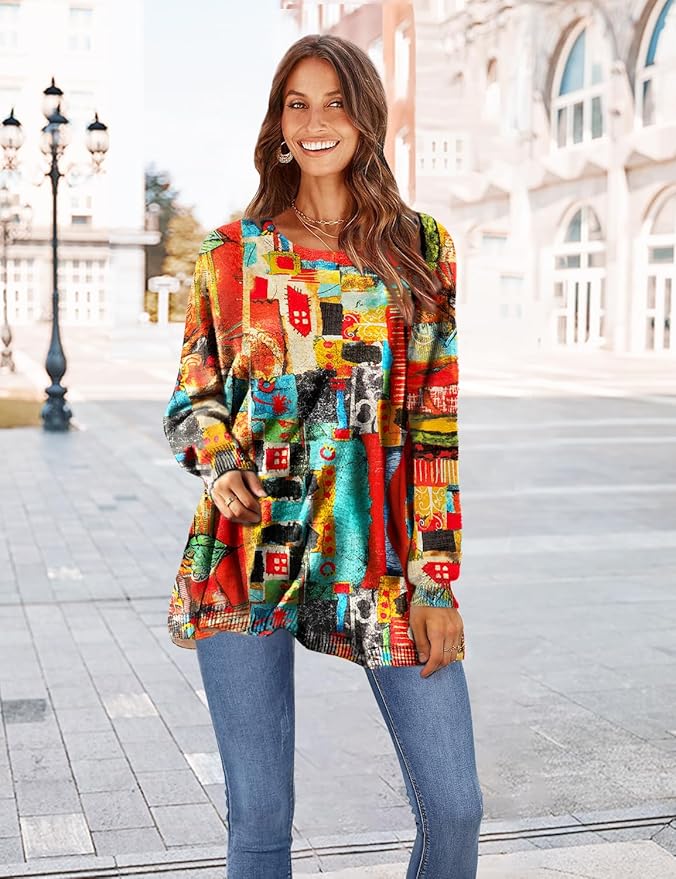 YESNO Women Christmas Sweater Graphic Printed Oversized Pullover Sweaters Casual Loose Knit Tops S01