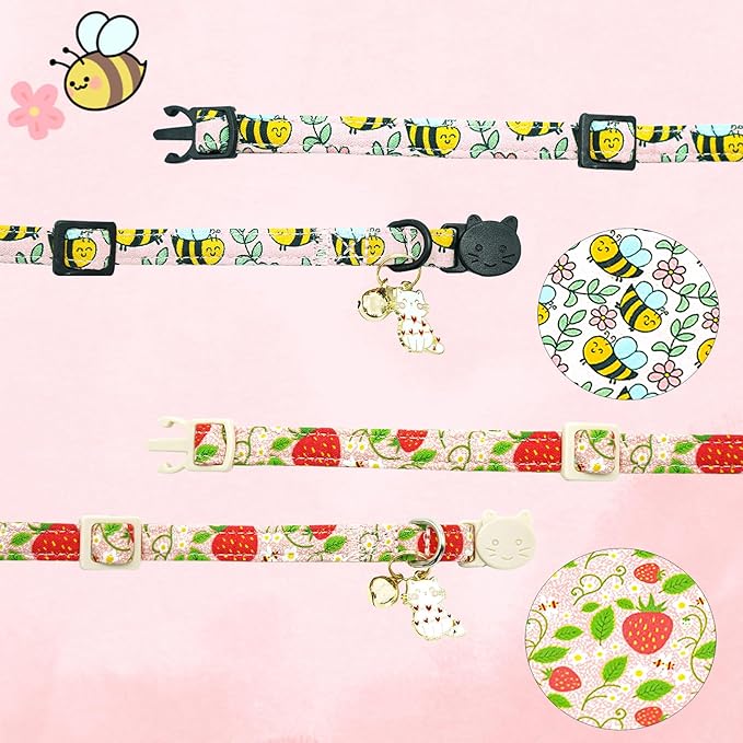 Cat Collar-2 Pack Cat Collars bee & Strawberry Cat Collar Breakaway with Kitten and Bell Pendant Safety Buckle Adjustable Cute Pet Collar for Girl Cats Gift for Cats and Small Pets