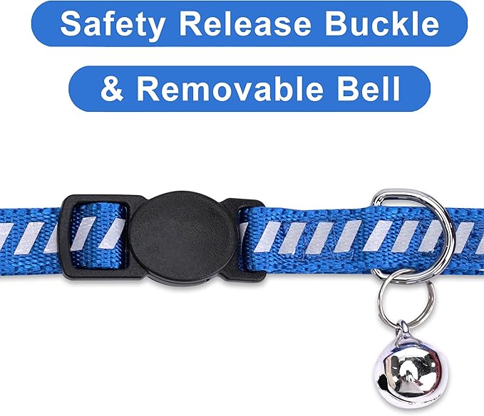 Pawtitas Personalized Blue Reflective Cat Collar – Adjustable Custom Collar with Safety Buckle, Removable Bell, and Engraved Name & Phone Number for Kittens and Adult Cats