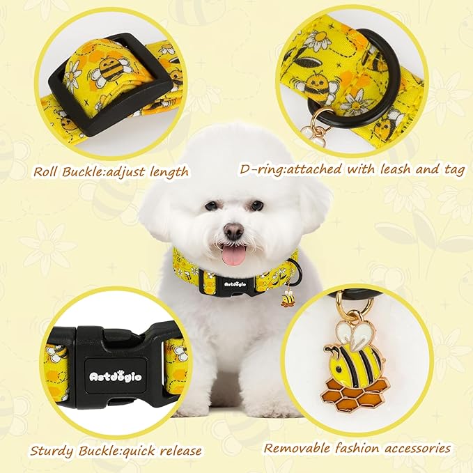 Yellow Dog Collar for Small Dogs, Spring & Summer Theme Small Dog Collars Featuring Bee Pollinating White Flowers Pattern, Adjustable Cotton Collar for Girl Boy Dogs -S