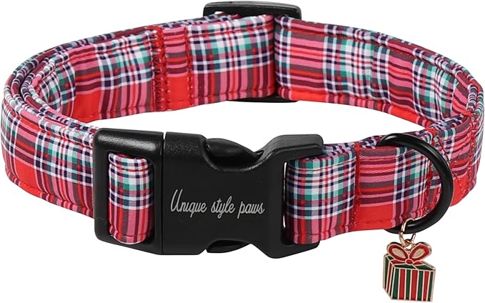 Christmas Dog Collar, Unique Style Paws Red Green Grids Dog Collar for Christmas Comfortable Red Pet Collar with Lightweight Plastic Buckle for Holiday, Fancy Dog Gift