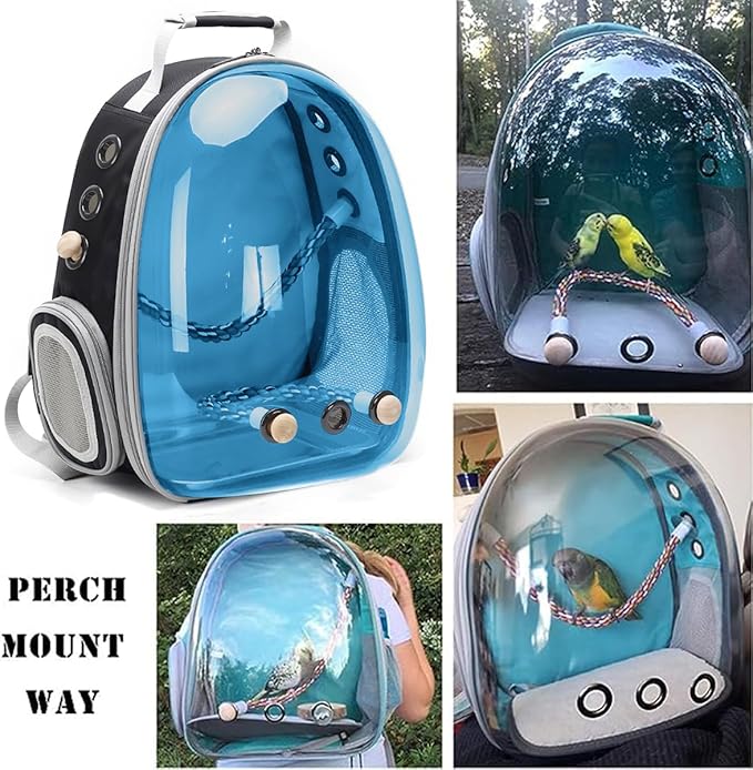 Bird Traval Carrier Cage, Polarized Tinted Blue Space Capsule Astronaut Backpack to Carry Parakeet Cockatiel Parrot with Bird Feeder Metal Tray Wood Perch, Vet Transport Bag