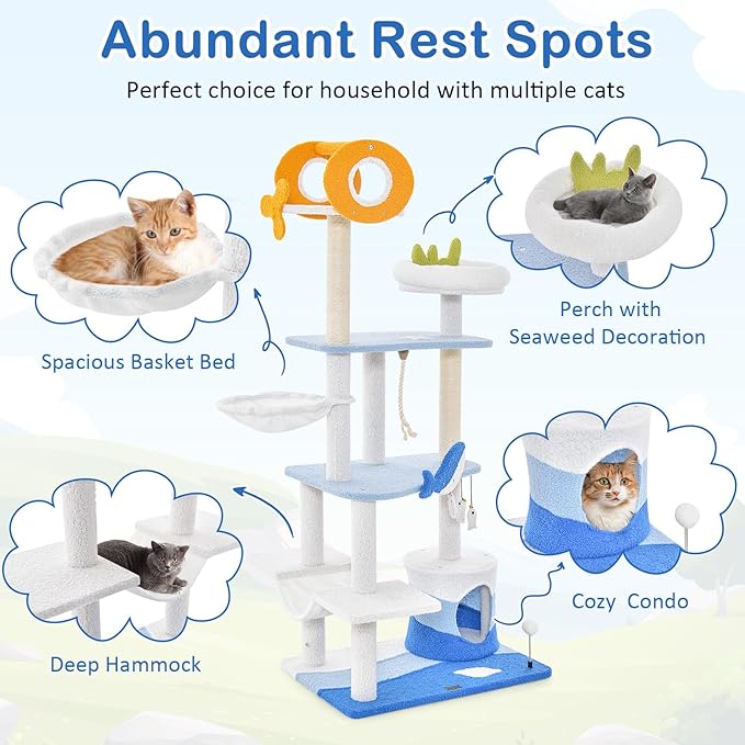 Tangkula Ocean-Themed Cat Tree, 3-Level Cat Tower with Sisal Scratching Posts, Condo, Perch, Hammock, Dangling Toys, Spring Ball, Sisal Rope, Cute Cat Activity Center for Indoor Cats (66 Inch)