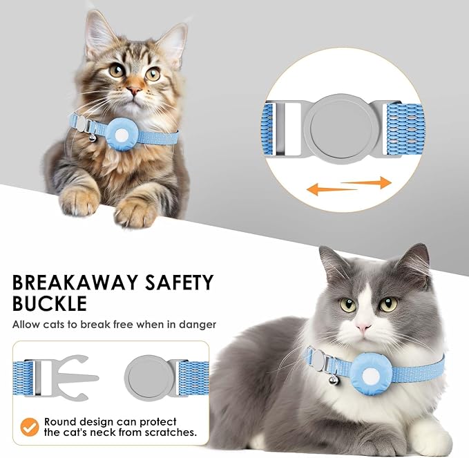 GPS Tracker for Cats, Compatible with Apple Find My App (Only iOS), No Monthly Fee Cat Tracker, Waterproof (White Tracker, Blue Cat Collar)