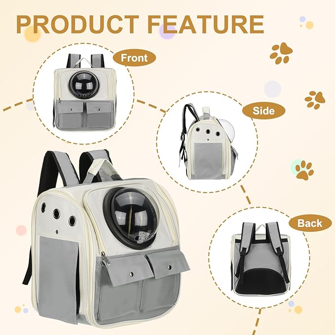 Pet Backpack Carrier, Portable and Ventilated, Oxford Cloth, Dogs Cats and Small Animals Travel Bag 13.39", (Gray, 1 Pcs), Intended for Hiking/Camping/Traveling