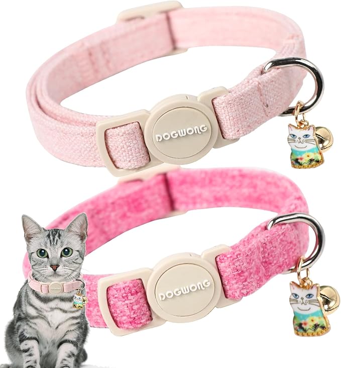 Cat Collar,2 Pack Pink Cat Collars Breakaway with Bell, DOGWONG Safety Buckle Cat Collar for Girl Boy Cats and Small Dogs，Adjustable 7-12 Inch,Pet Supplies Accessories