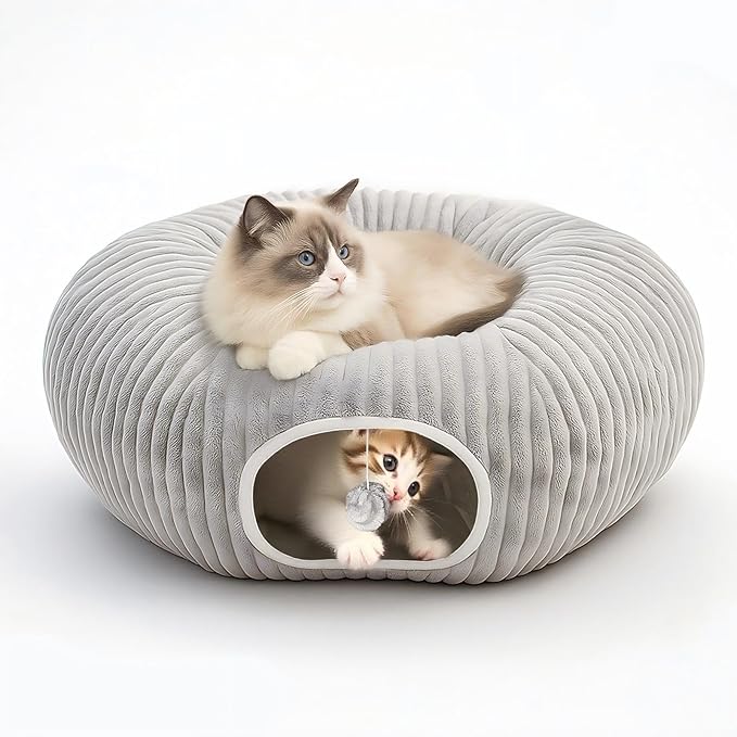 Cat Tunnel Bed for Indoor Cats, Peekaboo Cat Cave Bed,Soft Cat Donut Tunnel for Kitten Large Cats, Grey