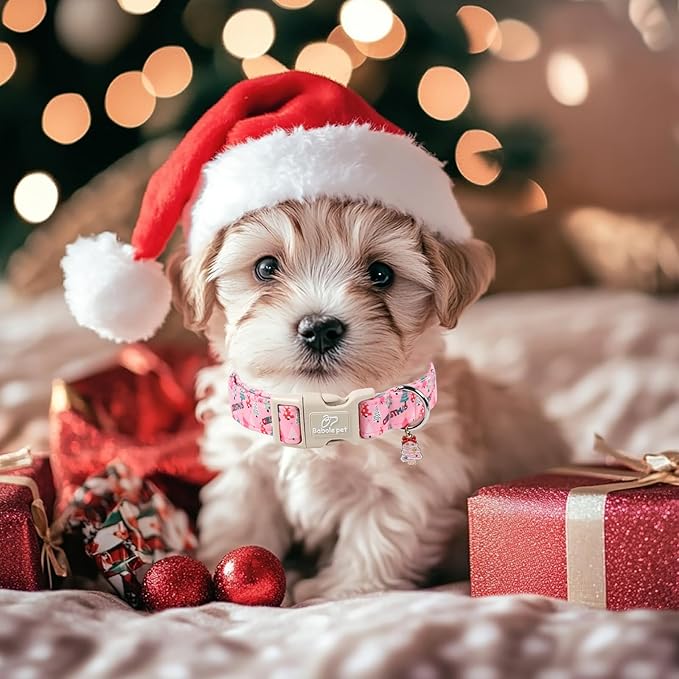 Christmas Dog Collar for Small Dogs - Cute Xmas Tree Print Pink Christmas Collars for Dogs, Soft Adjustable Winter Holiday Dog Collars with Quick Release Buckle S
