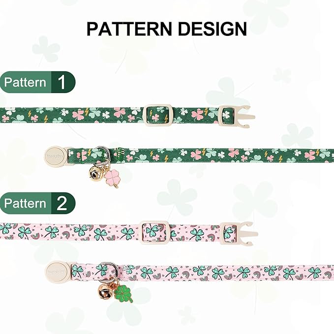 Lionet Paws 2pcs Pack St. Patrick Cotton Cat Collar,Breakaway Buckle with Green Clover and Rainbow Adjustable Pink Cat Kitten Collar,Ideal for Girl Cats Boy