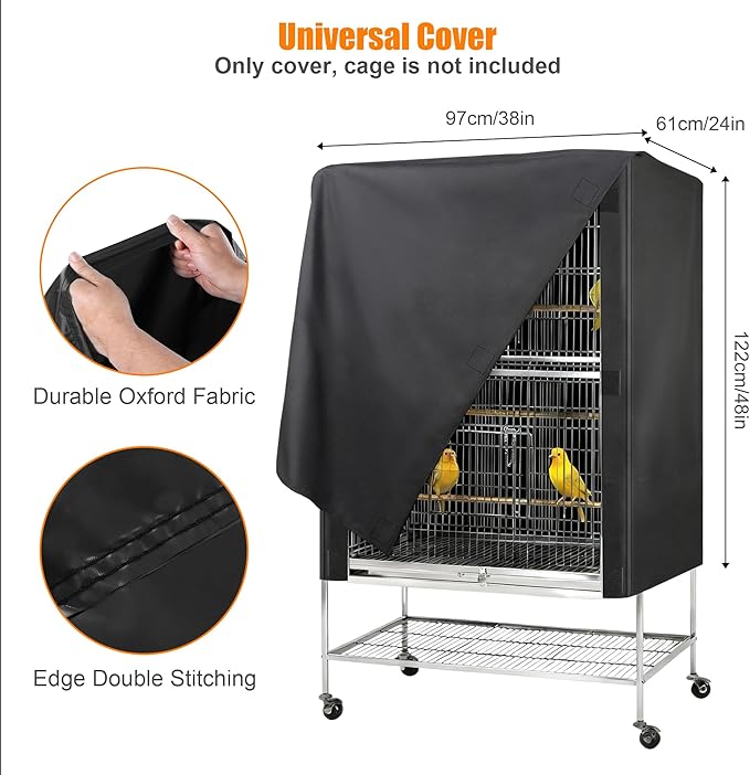 Bird Cage Cover, Pet Bird Cage Cover for Night Heavy Duty Oxford Cloth with Coating Layer, Universal Shade for Parakeet, Parrots, Cockatiel, and Small Animals, Without Cage(Black, 38x24x48in)