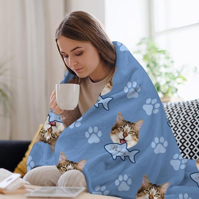 Personalized Paw Print Dog Blanket with Pet Name Face-Custom Puppy Blankets with Picture for Dogs-Customized Dog Memorial Throw Fleece Blanket-Loss of Pets Supplies Sympathy Gift for Bed Sofa Travel
