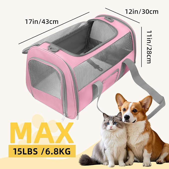 Pet Carrier Airline Approved for Puppy Medium Cats 15 Lbs Small Dog Carrier Breathable Collapsible Soft Sided Cat Travel Carriers, Pink with Grey