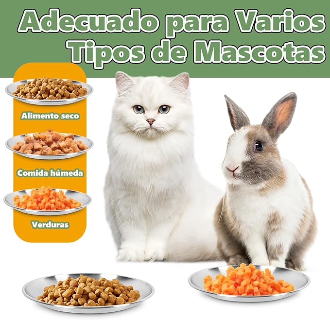 6-Pack Stainless Steel Cat Food Bowls, Shallow Whisker-Friendly Non-Slip Silicone Base Metal Dishes, Easy to Clean Indoor Feeding Flat Plates for Cat, Kitten, Small Dog (6.7")