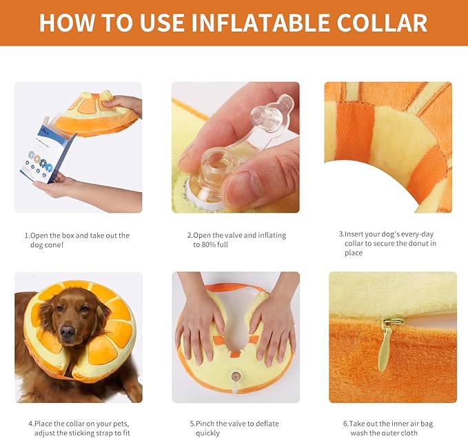 IEUUMLER Inflatable Recovery Dog Collar, Protective Donut Cone, Adjustable Soft Collar for Dog and Cat After Surgery Prevent from Biting & Scratching EU002 - Orange L+