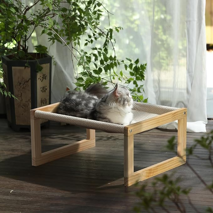 FUKUMARU Dog Bed, Large Breathable Elevated Cat Hammock, Wooden Cat Beds for Outdoor and Indoor, 21 Inch Raised Pet Beds Suitable for Cats, Puppy, Bunny and Small Animal