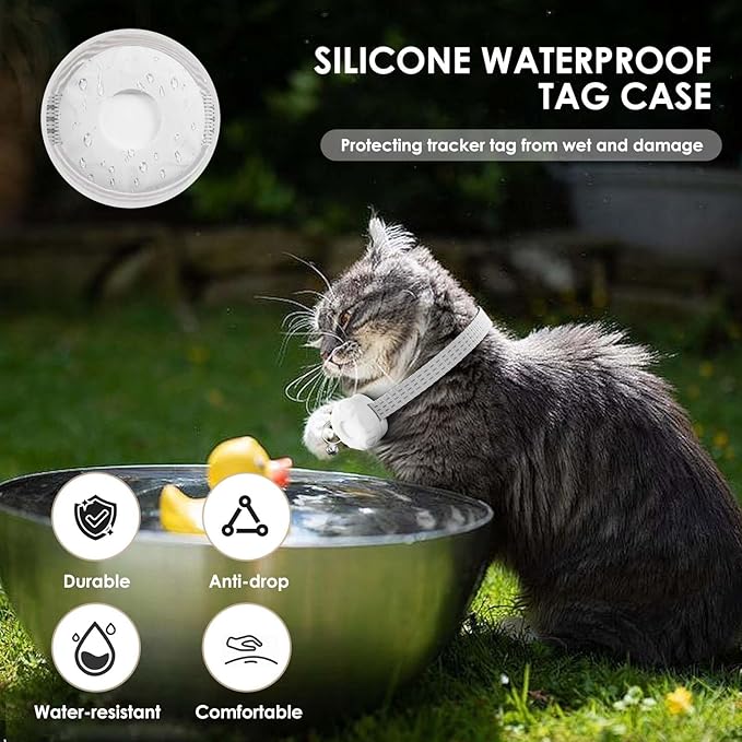 Cat Tracker, GPS Tracker Compatible with Apple Find My App(Only iOS), Waterproof Cat Tracker Collar with Bell and Safety Elastic Buckle, No Subscription, Territory & Location History (White)