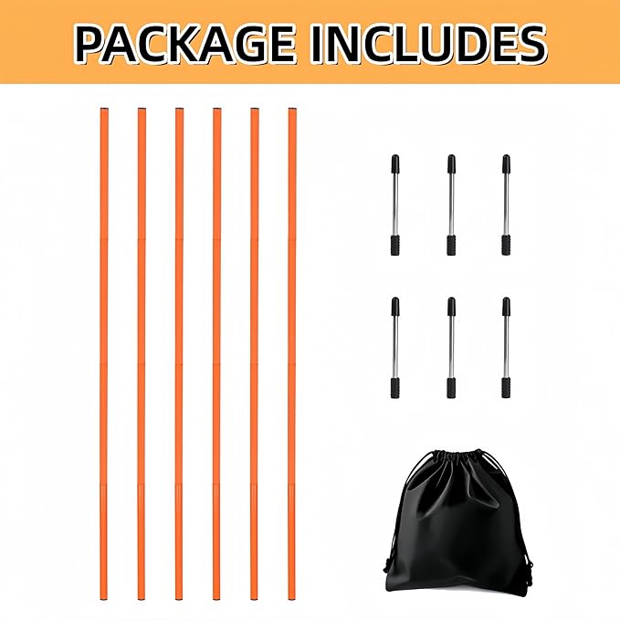 6 Pcs Soccer Agility Poles for Training, 5 FT Adjustable Speed and Agility Training Equipment for Football/Basketball/Horse/Dog Practice, Soccer Sticks with Steel Ground Nails Outdoors