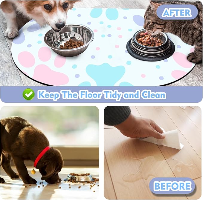 Dog Food Mat 20''x12'', Small Pet Feeding Mat, Non-Slip Rubber Pet Food Mat, Absorbent Cat Dog Water Bowl Mat for Messy Drinkers, Dogs Bowl Placemat for Food and Water, Light Blue Paw