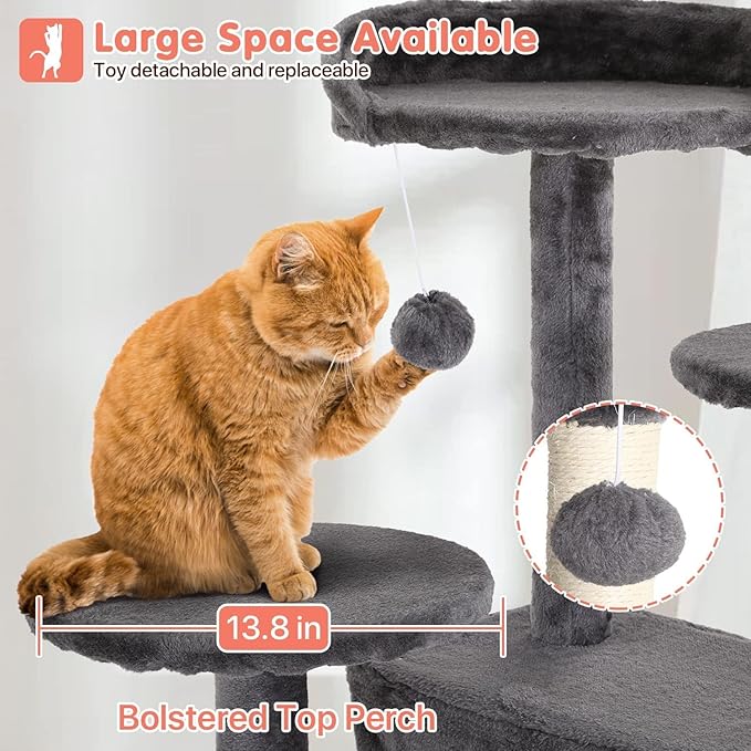 54in Cat Tree Cat Climbing Tower with Scratching Post, Cats House Perch Kitten Tree Condo Wood Playhouse, Pet Trees Tower for Indoor Cats, ASHY