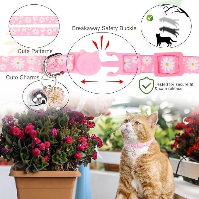 Cat Collars for Girl Cats, 3 Pack Spring Flower Cat Collars Breakaway with Bell for Outdoor Indoor Kitten, Cute Collar with Safety Buckle Adjustable 8"-12" for Kitty Puppy Small Pets, Floral