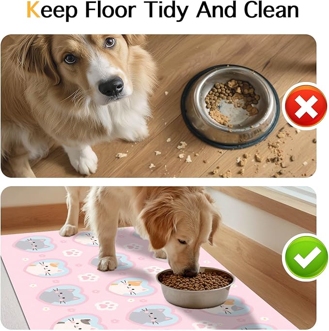 Cat Feedings Mats 20x12 inch Pink Kitten Print Pet Bowl Placemat Non Slip Mat for Cat Food and Water Indoor Kitty Feeding Station Cute Cats Meal Mats for Small Pets Kitchen Floor Use