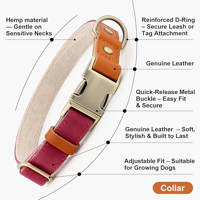 Plutus Pet Genuine Leather & Hemp Dog Collar – Adjustable Heavy Duty Pet Collar with Quick Release Metal Buckle, Soft & Stylish for Puppy and Small, Medium, Large Dogs (Burgundy, M)