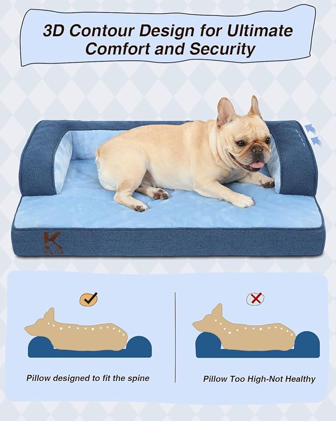 KSIIA Washable Dog Bed Medium Size Senior Dog, Orthopedic Warm Soft Pets Sofa Waterproof Pet Couch with Sides, Non-Slip and Egg-Crate Foam Beds with Removable Cover, 29x18Inch, Blue