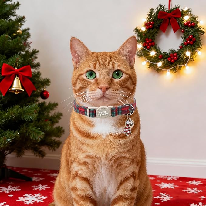 Unique style paws 2 Pack Christmas Kitten Collar Breakaway with Bell&Pendant, Adjustable Safety Red Green Scottish Plaid Cat Cotton Collar for Girl Boy Cat and Small Pet