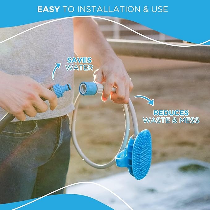 Aquapaw 5-in-1 Horse & Dog Bath Brush & Curry Comb - XL Blue Silicone - Includes 3-ft Shower Hose Attachment & Adapter - Adjustable Spray Scrub Massager - Great for Horses & Big Dogs