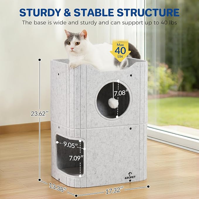 Cat House for Indoor Cats, 2-Storey Cat Bed Cave, Felt Cat Hideaway Condo with Resistant Scratching Freedom Kitten Cube for Multicats Light Gray