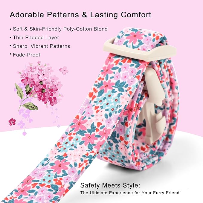Floral Dog Collar, Cute Girl Dog Collars - Pastel Wildflowers Pattern Spring Summer Puppy Collar, Adjustable Female Dog Collars for Small Medium Large Dogs M