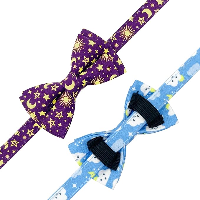 2 Pack Cotton Cat Collar with Bow Tie and Bell for Girl Boy Cats,Cute Pink Flamingo and Blue Whale Pattern Spring Summer Breakaway Cat Collar for Male Female Cats (Moon&Cloud)