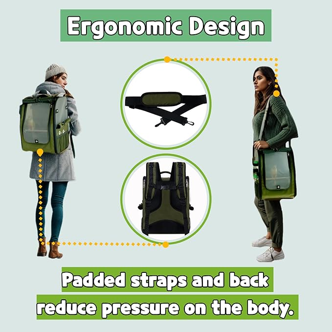 Birds Day Bird Carrier Backpack-Parrot Travel Cage with 2PCS Perch and Food Bowl, Stainless Steel Tray (Dark Olive Green)