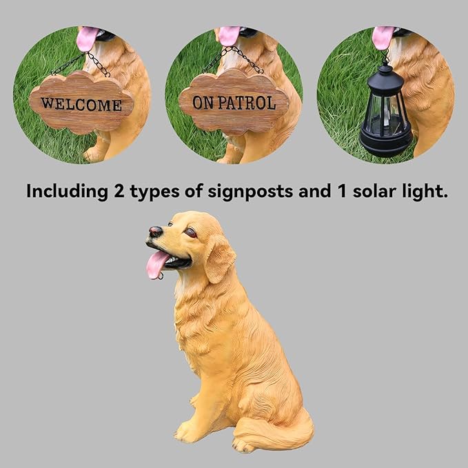 Golden Retriever Statue Outdoor Decorations – Dog Statues Outdoor Sitting Golden Retriever with Replaceable Solar Light & Welcome Sign for Lawn Décor
