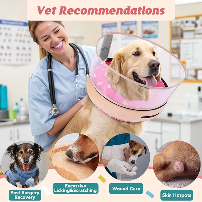Inflatable Dog Cone with Anti-Licking Clear Shield, Protective Dog Donut Collar After Surgery, Adjustable Soft Recovery Cone for Pets, Alternative Collar with Buckle Strap (Pink, XL)