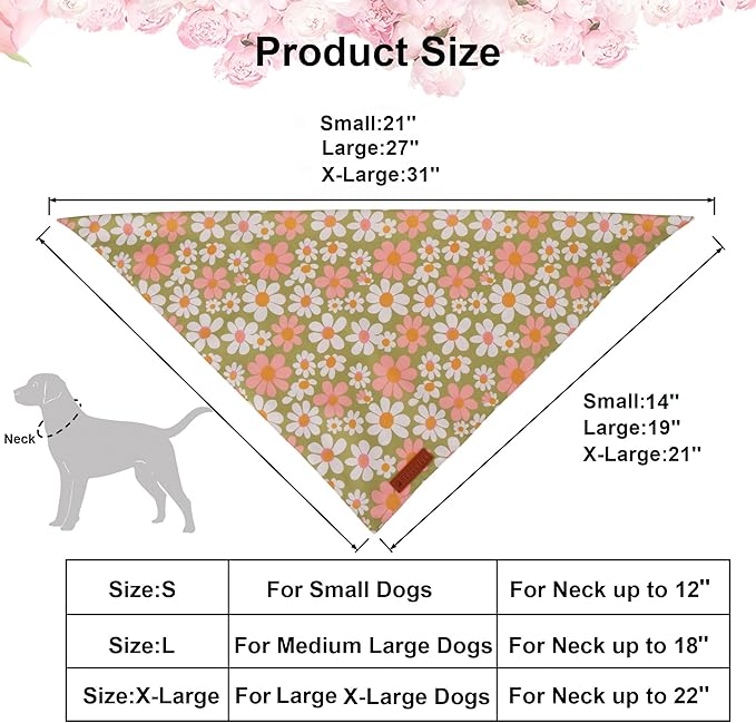 ADOGGYGO Floral Dog Bandanas 2 Pack, Daisy Flower Puppy Scarf, Premium Fabric, Adjustable Fit Spring Summer Floral Bandanas for Medium Large Dogs (Large)
