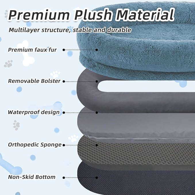 Human Dog Bed, 71''x45''x12'' Size Fits You and Pets, Washable Faux Fur Pet Bed for People Doze Off, Napping Orthopedic Dog Bed, Present Plump Pillow, Blanket, Strap - Rainbow