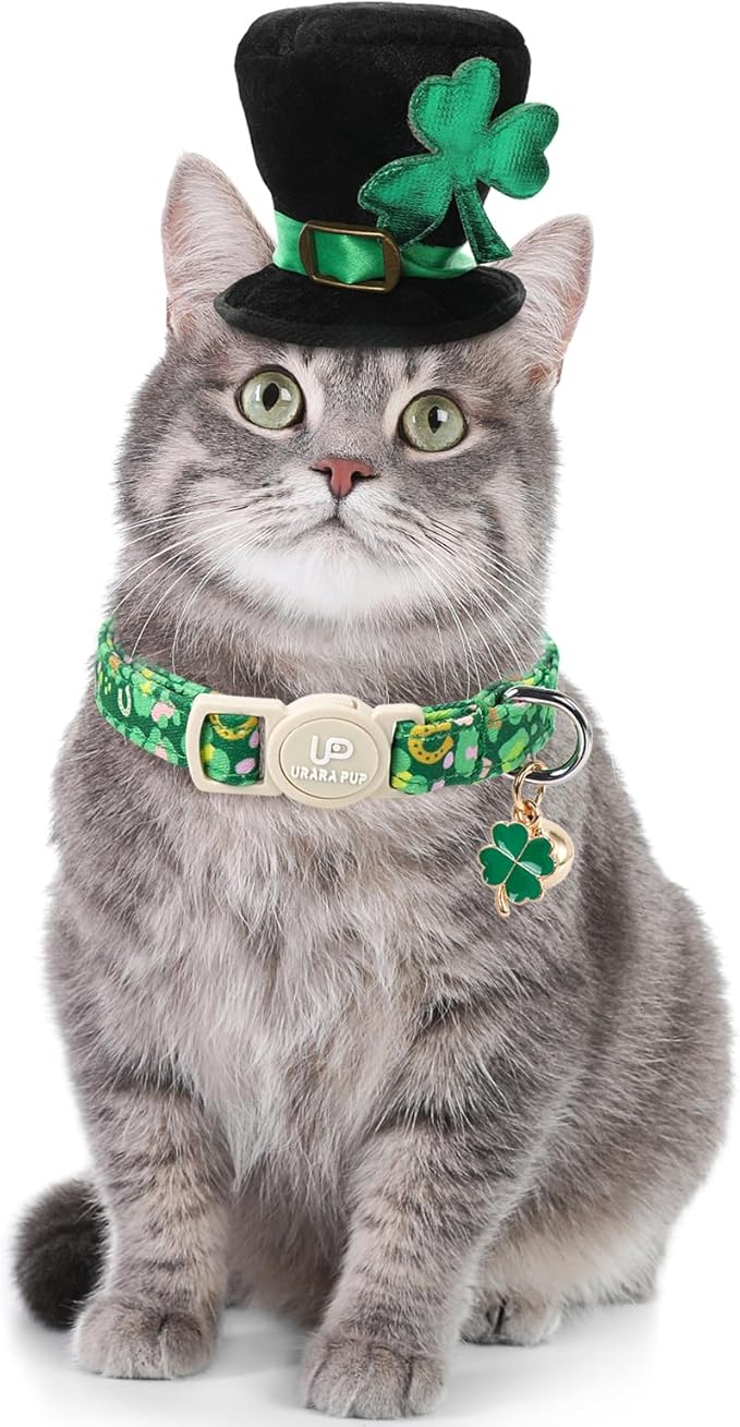 Cat Collar,2Pack St.Patrick's Day Kitten Collars Cute Shamrock Breakaway Kitty Collars,Spring Green Trefoil Cat Collar with Bell, Lucky Clover Kitten Collars for Girl & Boy Cats