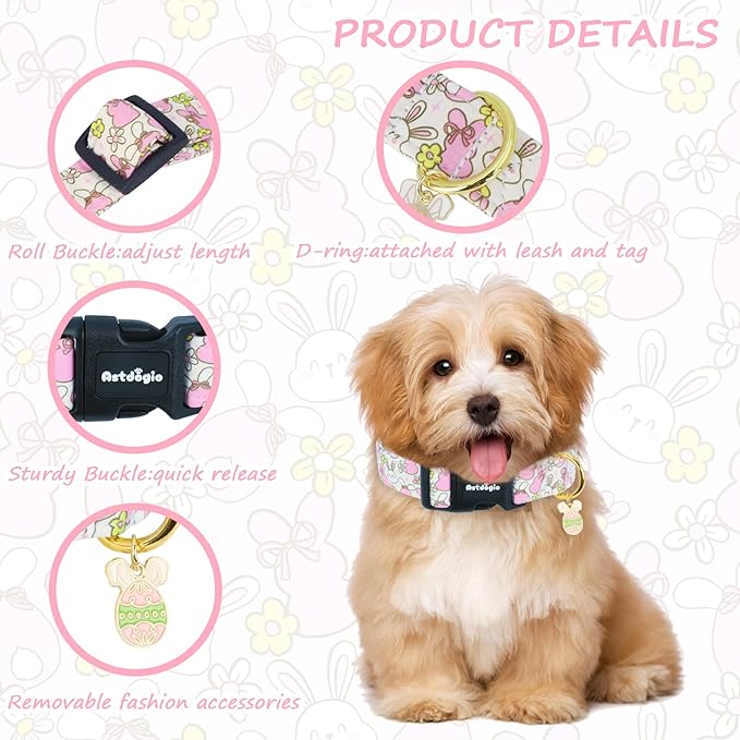 Easter Dog Collar, Spring Dog Collar with Cartoon Rabbit Pattern, Adjustable Cotton Puppy Collars Girl Boy Collar for Small Medium Large Dogs,M