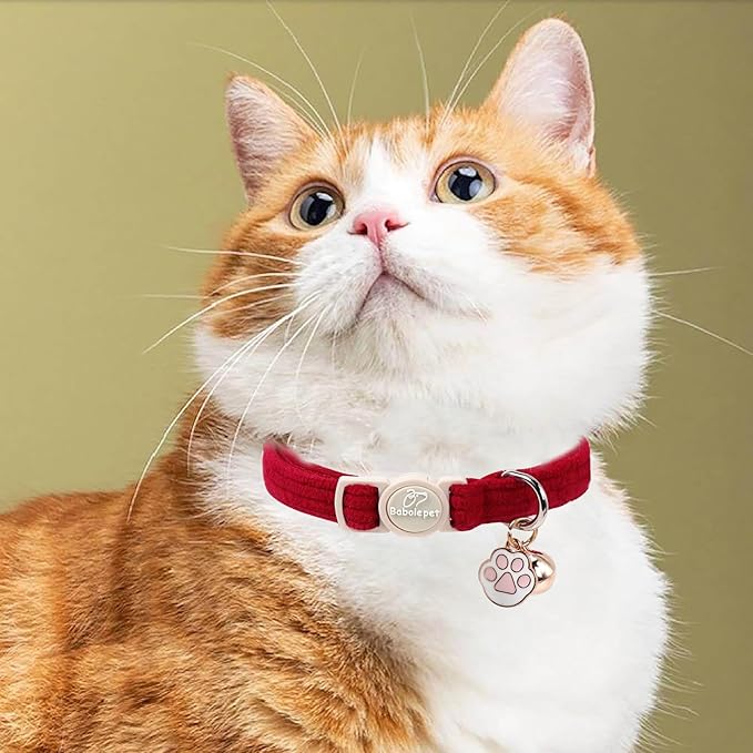 2 Pack Corduroy Cat Collars - Cute Breakaway Cat Collar with Bell and Paw Pendant, Soft Adjustable Fall Winter Kitten Collars for Girl Boy Cats, Green&Burgundy