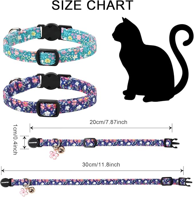 2 Pack Green Flower Cat Collars Breakaway with Bell, DOGWONG Safety Buckle Blue Floral Cute Cat Collar for Girl Boy Cats，Adjustable 7-12 Inch