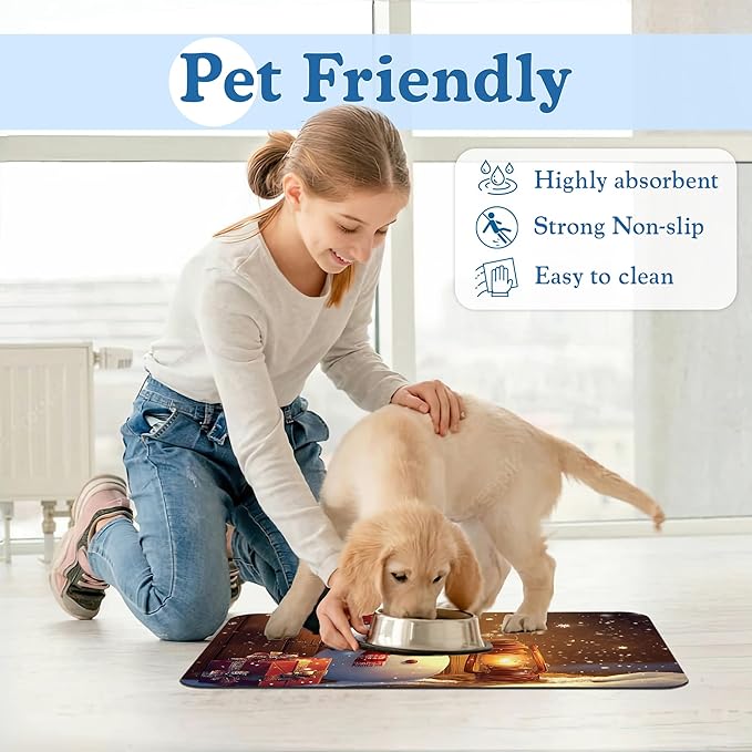 Chirstmas Gifts Dog Cat Food Mat,Cute Snowman Absorbent Waterproof Placemat for Food and Water Bowls, Non Slip Rubber Backing, Feeding Mat for Clean Floors 12"x20"