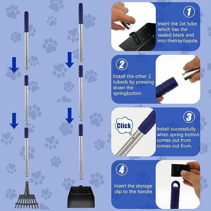Pooper Scooper for Dogs, Dog Pooper Scooper Long Handle, Height Adjustable Pet Pooper Scooper, Poop Scoop Shovel, Detachable Rake and Tray Set Pet Waste Removal on Grass Dirt and Gravel