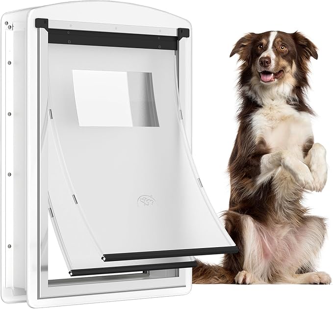 [MAVRICTECH] Large Dog Door for Door，Dog Door for Exterior Door Stainless Steel Frame, Magnetic Double Flap, Easy Install, Closing Panel, Secure, Fits Pets Up to 110lb, Weatherproof, White