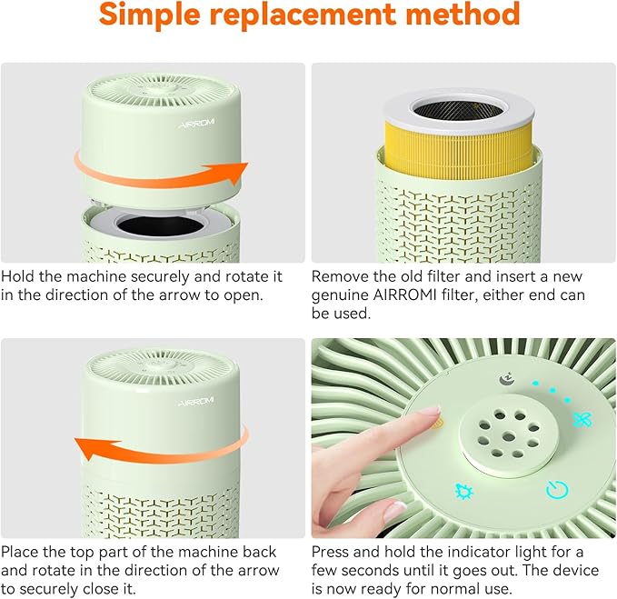 AIRROMI Pets Air Purifier for Home Allergies,Up to 660 ft². HEPA Deodorizing Activated Carbon Filter,With Fragrance Sponge for Better Sleep,Night Light,Pet Dander,Smoke,Odors,Air Cleaner A2002 Green